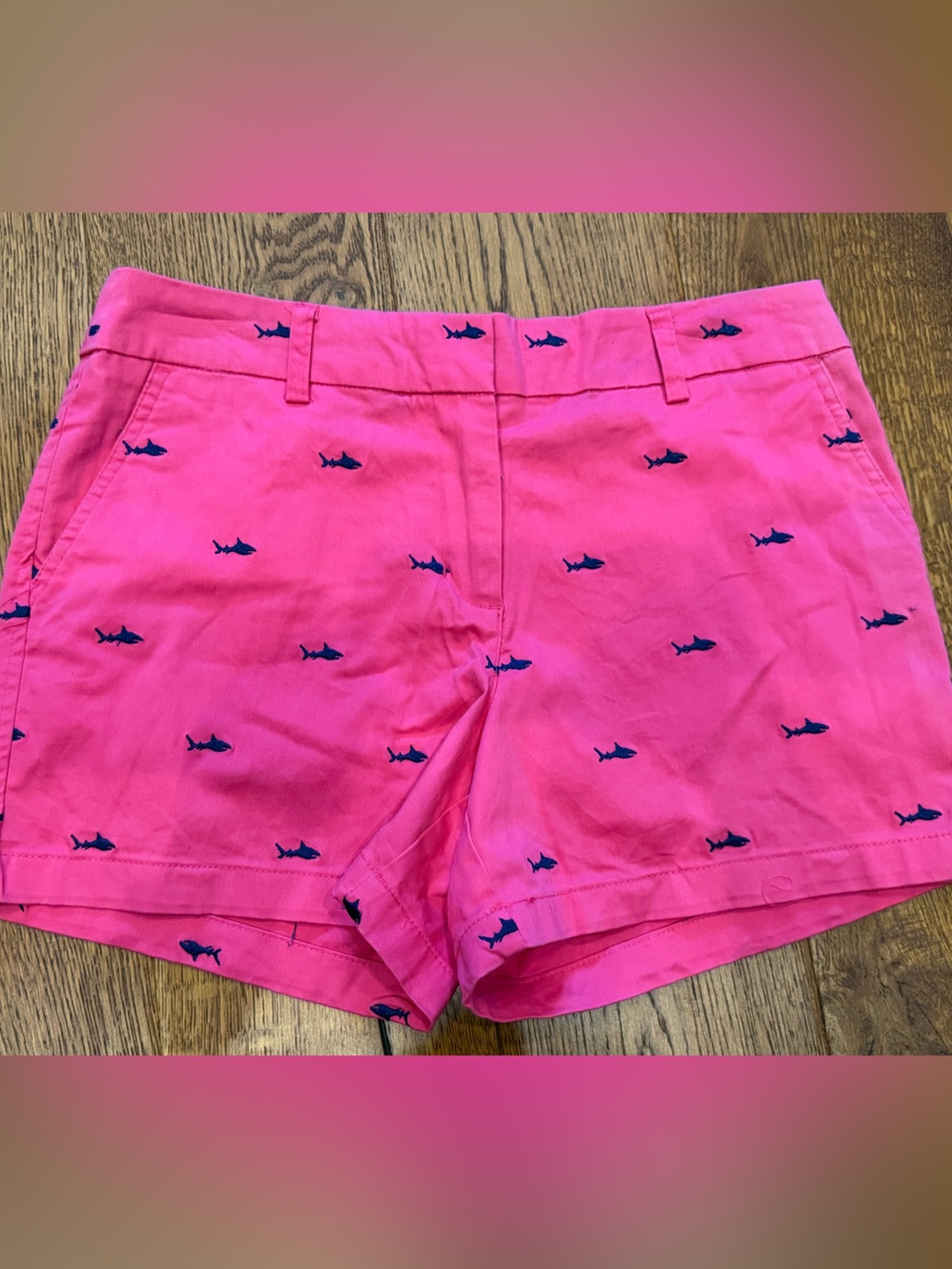Cambridge Dry Goods Pink Embroidered Shark Chino Shorts Women’s Size 8 Preppy